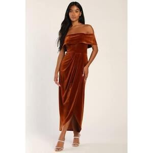 Lulus I'm Enchanted Rust Orange Velvet Off-the-shoulder Maxi Dress - Size S